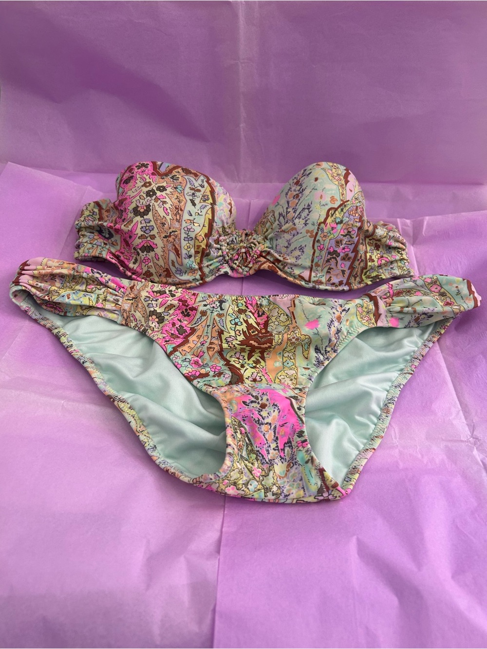 Victoria’s Secret Paisley Print Bandeau Bikini Set in Mint and Pink - Picture 2 of 8